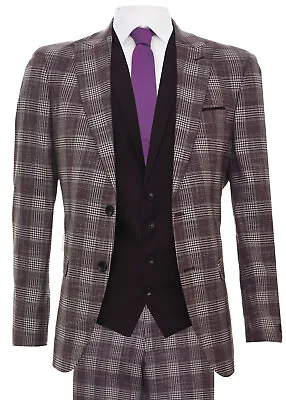 Mens Burgundy 3 Piece Tweed Suit Vintage 1920s Classic Gatsby Wedding Prom Suit • $182.87