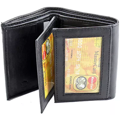 New Mens Black Leather Trifold Wallet ID Window Credit Card Case ID Holder Purse • $8.45