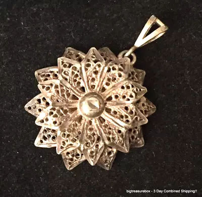 Vtg Necklace Pendant MARKED NF 925 STERLING SILVER Big Filigree Flower Lot Y • $0.99