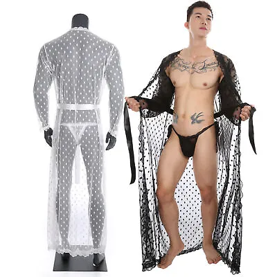 Men Robe Long Sleeves Bathrobe Kimono Pajamas Lace See-through Gown Thong Set • $15.83