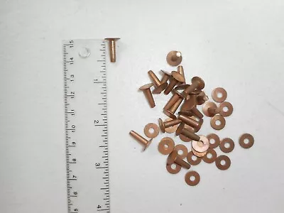 20 VINTAGE Solid Copper Rivets & Burrs 1/2  Long 1/8  Dia Shaft Head 3/8  NOS • $7.50