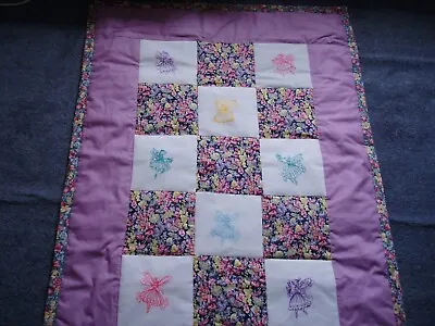 Homemade Patchwork Quilt With Machine Embroidered Fairies-34 X48 -new • £24