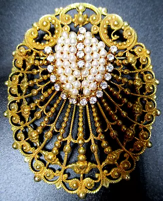 MIRIAM HASKELL Unsigned Golden Filigree Faux Pearl Vintage Pin Brooch • $59.99
