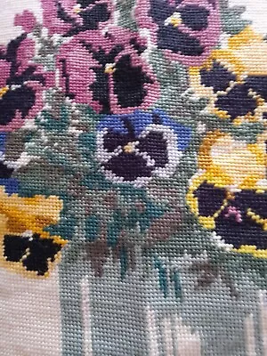 Vintage Wool Hand Needlepoint Tapestry Pansies Country House Cushion Front 14” • £10