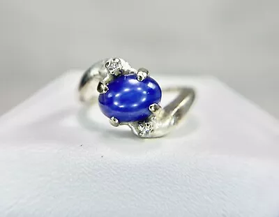 Vintage 14k White Gold Oval Lindy Blue Star Sapphire Round Diamond Bypass Ring • $249