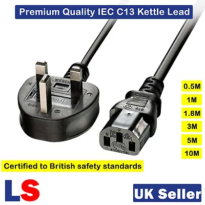 £15.58 • Buy 0.5m 1.8m 3m 5m 10m New Power Cord UK Plug To IEC C13 Kettle Cable PC Mains Lead