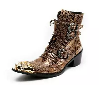 Mens Metal Pointed Toe Cross Strap Buckle Block Leather Leapard Gold Ankle Boots • $137.45