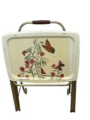 Vintage TV Tray Set 4 Trays & Stand White Fiberglass With Flowers & Butterflies • $175
