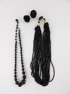 Vintage Antique Gothic Mourning Jewelry Jet Black Beads 2 Necklaces + Earrings • $25