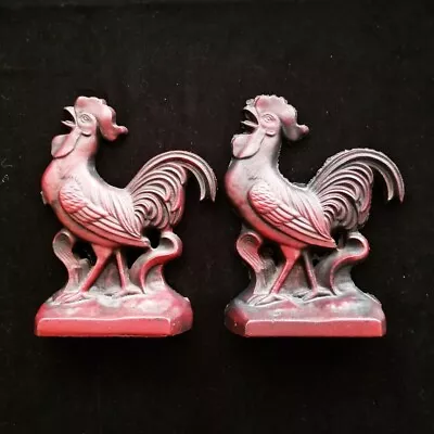 Pair Of Red Virginia Metalcrafters / Osv Cast Iron Rooster Bookends • $80