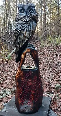 Chainsaw Carving Owl Standing Stone Viking Runes 27  LED Candle Holder Cedar  • $450