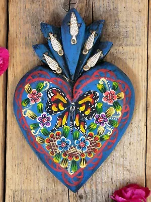 Heart Wood Hand Painted Monarch Milagros Handmade Pátzcuaro Mexican Folk Art • $29