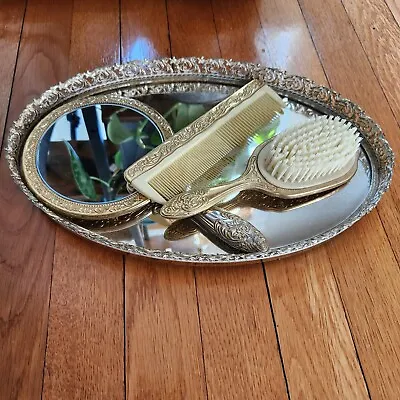 Vintage Vanity Set Includes: Hair Brush Comb Mirror Tray  • $32.99