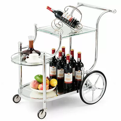 Serving Cart Kitchen Bar Wine Tea Cart Glass Shelves & Metal Frame With Wheels • $118