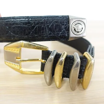 VINTAGE Gianni Versace Belt 32 Medusa Buckle Black Croc Leather Greca RARE ITALY • $268.88