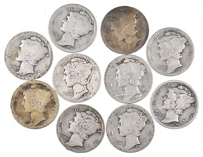 Lot Of 10 First Year 1916 P/S Mercury Head Silver Dime Collection 1/5 Roll *237 • $19.50