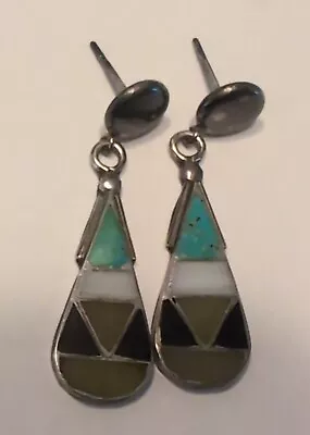 Vintage Navajo Sterling Multi Stone Inlay Dangle Earrings • $29.99