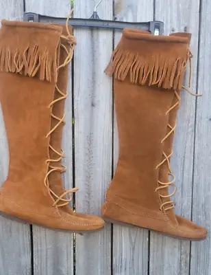 Vintage 60s Minnetonka 1422 Moccasins SZ 7 Tall Fringe Suede Front Lace Up Boots • $45