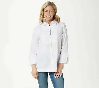 Martha Stewart Stretch Poplin Bracelet-Sleeve Blouse With Bib Detail White Large • $28
