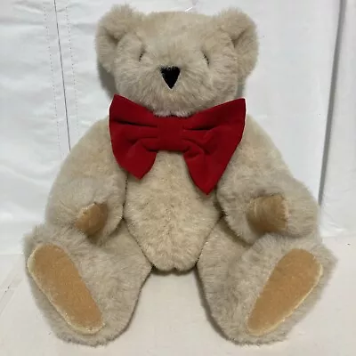 Vermont Teddy Bear 16” Tan Beige Cream Plush Fully Jointed Red Bow Christmas • $14.99