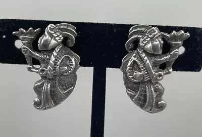 Silvertone 30's-40's Spring Clip Earrings Mayan Aztec Man Dimensional Figures • $15