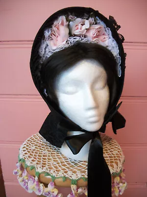 REPRODUCTION/REENACTOR CIVIL WAR 1860s VICTORIAN BLACK SILK SPOON BONNET HAT • $36.99