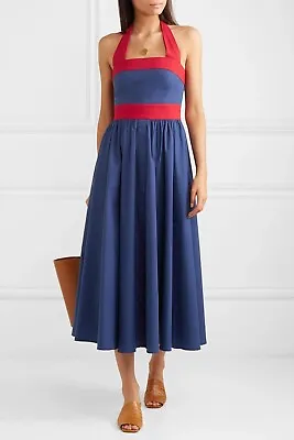 $101.52 • Buy Staud Waikiki Midi Dress Navy Blue Red Vintage Full Skirt 1950s US 6 UK 10