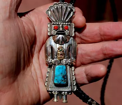 BIG Old RUNNING BEAR Navajo Sterling Silver & Turquoise Stone Kachina Bolo Tie • $425