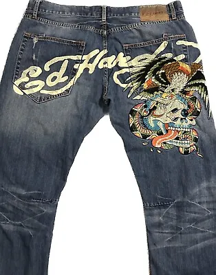 Vintage~Ed Hardy Eagle Snake Skull Embroidered Jeans Size 40x34 Lot 2008 • $155