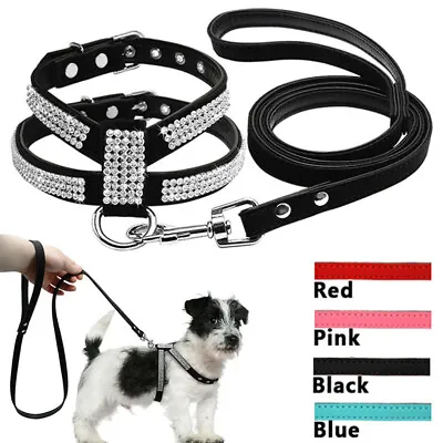 £9.09 • Buy Suede Leather Bling Rhinestone Dog Harness Vest Leads Leash For Small Pet Puppy