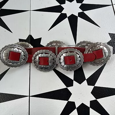 Brighton 1993 Vintage Silver Sunflower Concho Black Leather Belt Size S Red Silv • $125