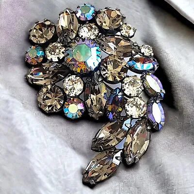 Weiss Brooch Smoky Clear & Aurora Borealis Rhinestones Signed Vintage • $55