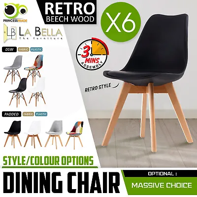 $319 • Buy 6 X Retro Replica PU Padded DSW Beech Dining Chairs Cafe Kitchen