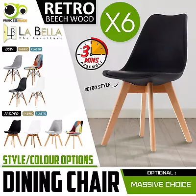 6 X Retro Replica PU Padded DSW Beech Dining Chairs Cafe Kitchen • $319