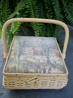 Singer Sewing Basket Woven Wicker W/ Handle Lid Satin Top Printed Old Town VTG. • $10.99