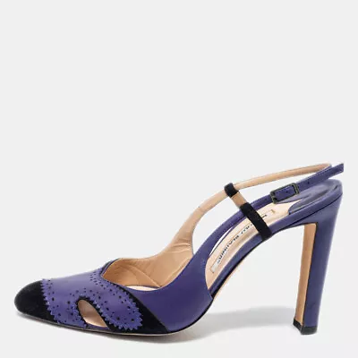 Manolo Blahnik Blue/Black  Leather And Suede Barrie Spectator Slingback Sandals • $157.50