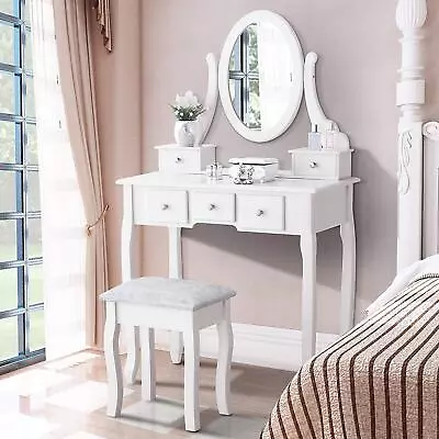 Makeup Vanity Table Set With Mirror And 5 Drawers Dressing Desk Xmas Gifts • $99.99