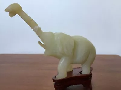 Vintage Carved Serpentine Jade Elephant With Fitted Carved Wood Stand • $39