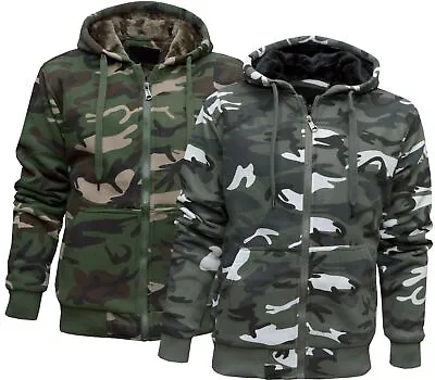 Mens Camouflage Hoodie Fur Lined Full Zip Army Camo Hooded Winter Jacket M - 3XL • £20.90