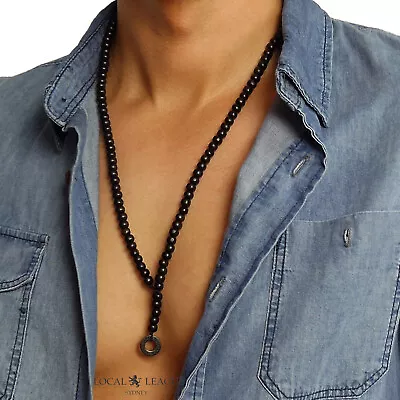 Mens Bead Necklace LIFEGUARD Pendant Beaded ROSARY Black Brown GIFT For Him Boys • $12.45