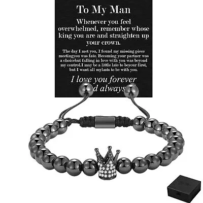 To My Man 8MM Stainless Steel Beads Pave CZ Crown Bracelet For Men Adjustable • $12.92