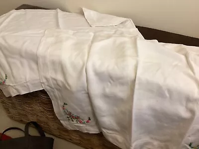 Pair Of Vintage Embroidered Oxford Linen Pillowcases • $18.50