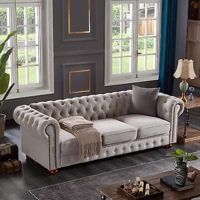 88.5  Chesterfield Sofa Linen Tufted 3 Seat Large Armchair Couch Gray • $660.69