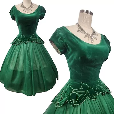 Vtg 50s Prom Dress XS Green Velvet Chiffon Irish Fit Flare Ivy Leaf Embroidery • $224.99