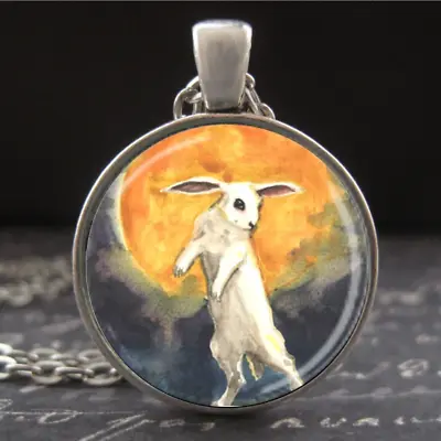 Harvest Moon Rabbit Necklace Sweet Watercolor Bunny Art Pendant Silver Jewelry • $25