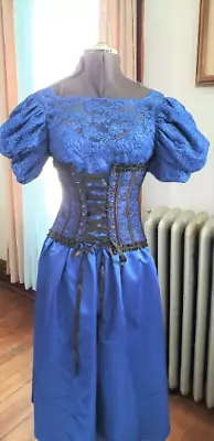 Western Saloon Costume Vintage 80s Dress Victorian Dress Lace Up Corset Blue • $70