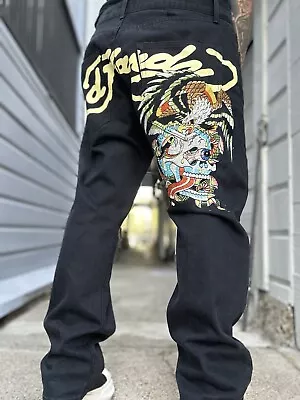 Vintage Ed Hardy Baggy Fit Black Denim Jeans Skull Eagle 40 X 32 Lightly Used • $159.95