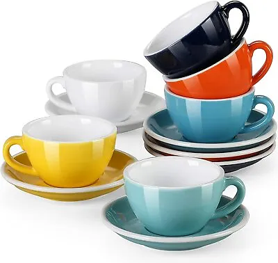 Lovecasa 12pc Colours Cappuccino Stacking Jumbo Cups Saucers Set Porcelain 200ml • £25.99