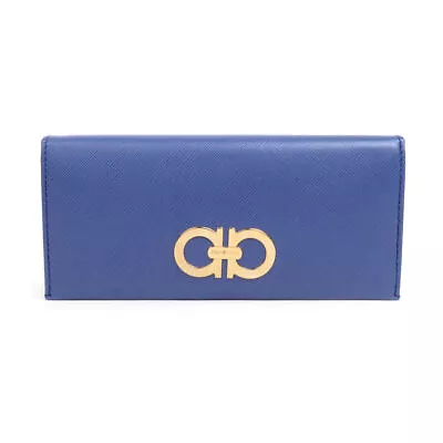 Auth Salvatore Ferragamo Gancini Bifold Long Wallet Blue Leather - A0315 • $256.49