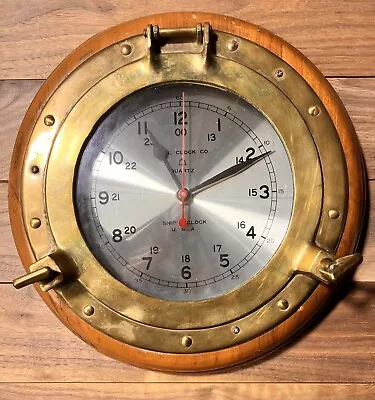 Vintage Bell Clock Co Ship's Clock Porthole Quartz Clock Brass Oak Wall Hanging • $70